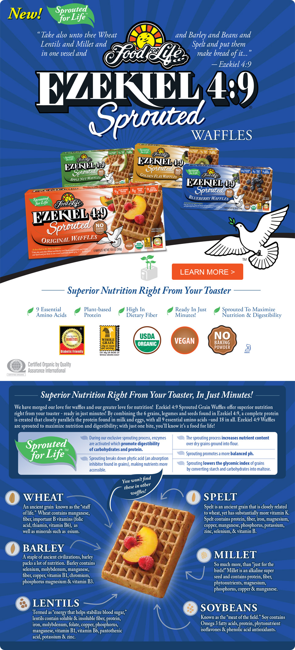 9 Sprouted Waffles - 4 Flavors - Original, Blueberry, Golden Flax, and Apple Nut. - Superior Nutrition Right From Your Toaster