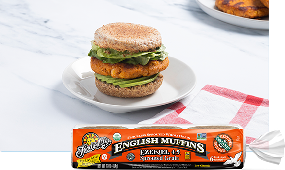 Vegan Chickpea + Sweet Potato Burger on Ezekiel 4:9 Sprouted Whole Grain English Muffins | Food For 